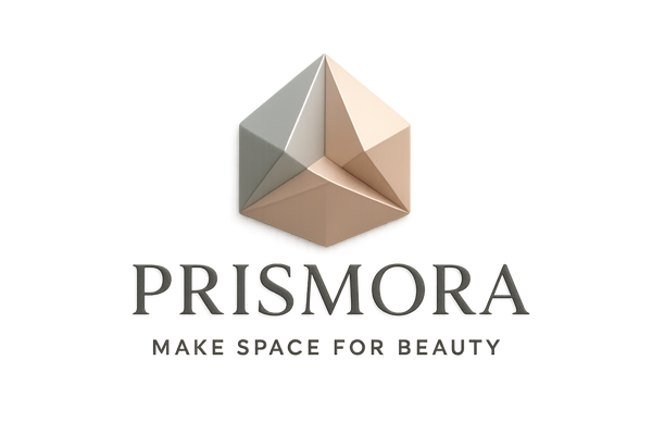 (Prismora) (Slogan: "Make Space for Beauty.") , make logo (Minimalist) , 3D , del backgound